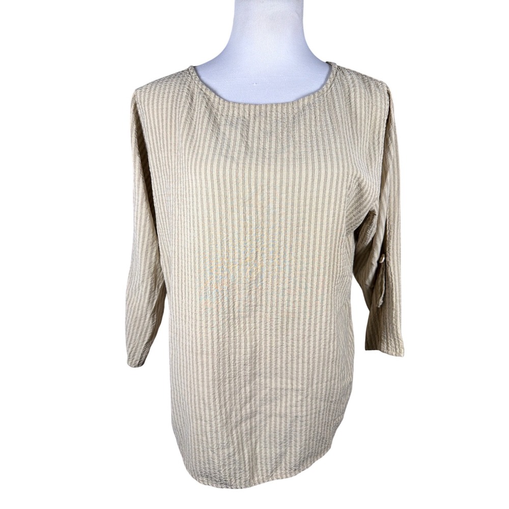 Woolrich Womens Khaki Striped Seersucker 3/4 Sleeve Blouse Top Medium 23133